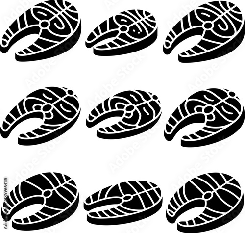 Black steak / meat slice icons set, minimalist food silhouette, vector style
