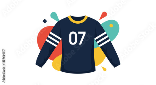 Navy blue long sleeved sports jersey with white stripes and the number zero seven printed on the chest.