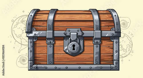 Antique wooden treasure chest with heavy metal straps and a large padlock stands securely on a light background.