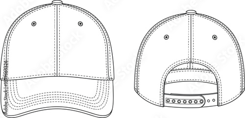 Blank Baseball Cap Mockup Vector Technical Drawing Set with Front and Back View Outline Template for Apparel Design and Fashion Branding