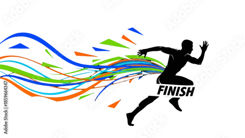 Silhouette of Runner Crossing Finish Line with Vibrant Flowing Ribbons on Isolated White Background
