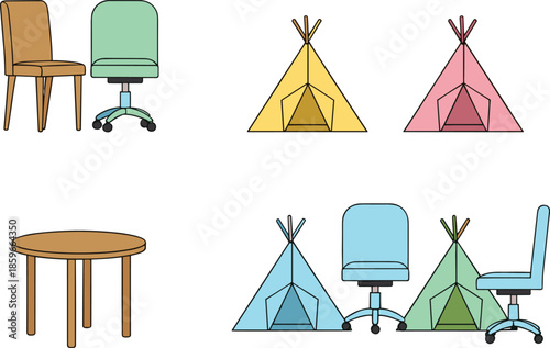 Flat furniture and camping tent vector set featuring chairs, table, office seating, and colorful teepee tents for home, workspace, and lifestyle design