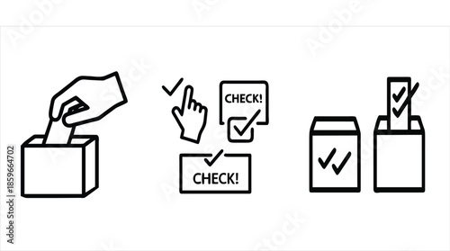These icons illustrate the voting process using various styles, including hands casting ballots, marked ballots entering boxes, and "CHECK!" prompts.