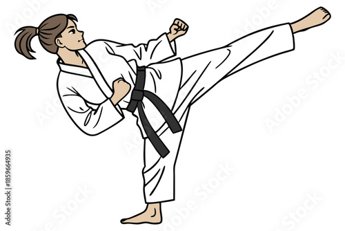 focused woman karateka training self defense isolated on white background