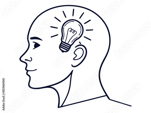 creative mind concept human head with light bulb isolated on white background