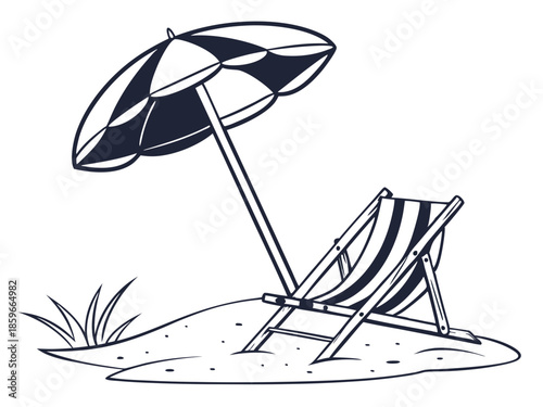 Beach parasol with lounge chair summer vacation concept isolated on white background