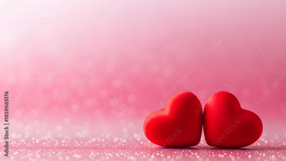 Obraz premium Two Red Hearts on Glittering Pink Surface love romance