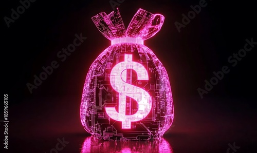 Digital money bag showing dollar sign for finance business and modern investment