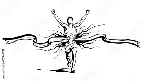 Joyful male runner celebrating victory with arms raised, breaking through a dynamic finish line ribbon on an isolated white background.