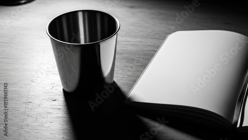 Minimalist Still Life of a Metal Cup and Open Book on a Wooden Surface Displaying Simplicity
