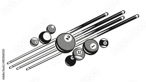 A collection of billiard pool balls and cue sticks scattered, ready for a game on an isolated white background.