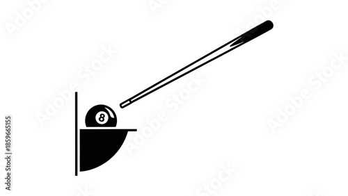 Black 8-ball sinking into a billiard pocket with a cue stick on an isolated white background.