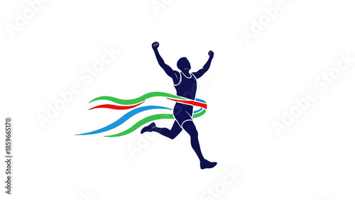 Silhouette of a male runner celebrating victory with raised arms, crossing a finish line with colorful abstract ribbons on an isolated white background.