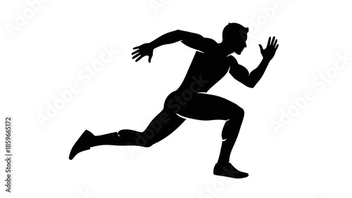 Dynamic silhouette of a male runner in mid-stride, actively running on an isolated white background.