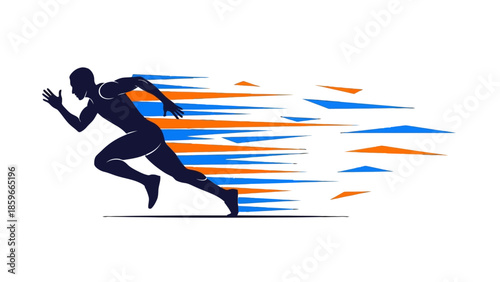 Dynamic silhouette of a male runner sprinting with abstract speed lines in orange and blue on an isolated white background.