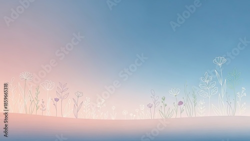 Delicate Floral Meadow with Pastel Gradient Sky Graphic Background Illustration