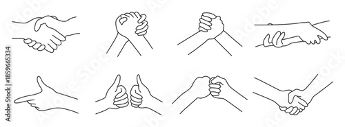 Diverse hand gestures and grips depicted in simple line art illustrations