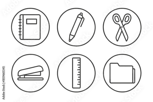 Office Supplies Icons. Line style circular vector icons of office supplies: notebook, pen, scissors, stapler, ruler, folder. No
