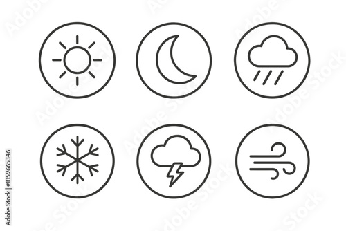 Line Style Weather Icons. Line style circular vector icons of weather symbols: sun, moon, rain, snowflake, thunder, wind. No text,