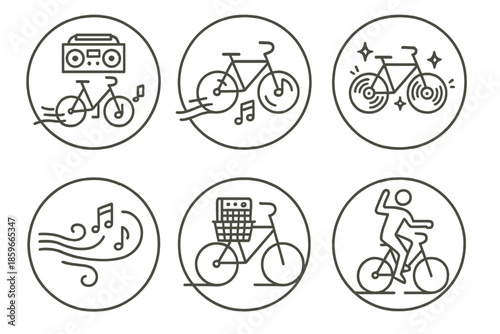 Street Music Bicycle Icons. Line style circular vector icons of street music ride: boombox on frame, note trail from tires, record