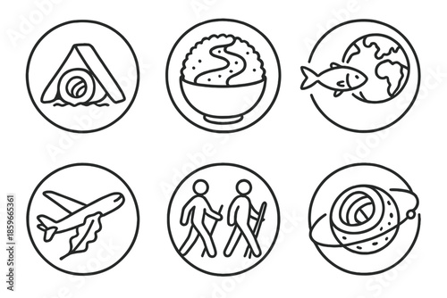 Nomadic Cuisine Icons. Line style circular vector icons of nomadic cuisine: sushi tent roll, rice road map, fish trail to