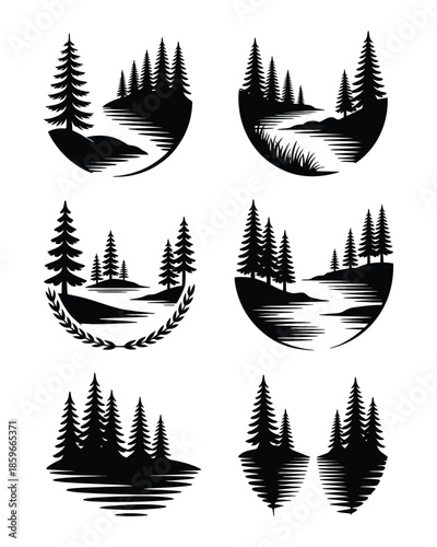 Set of circular pine forest and mountain landscape silhouettes