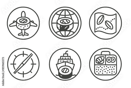 Culinary Travel Icons. Line style circular vector icons of culinary voyage: sushi airplane plate, globe-shaped maki, map of rice