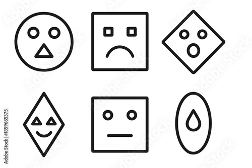Geometric Emotion Icons. Line style circular vector icons of emotional geometry: circle eyes triangle mouth smile, square frown,