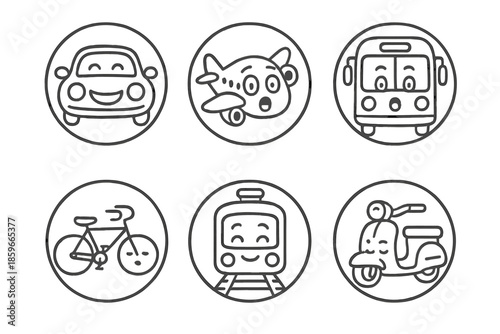 Animated Transport Icons. Line style circular vector icons of animated transport: grinning car, joyful airplane, surprised bus,