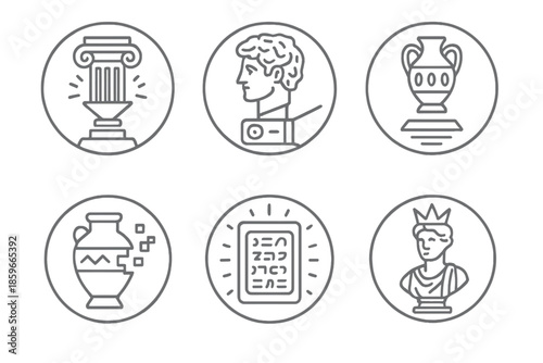 Digital Antiquity Icons. Line style circular vector icons of digital antiquity: holographic columns, marble head projection, neon