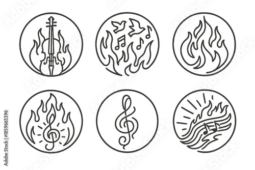 Melodic Flame Icons. Line style circular vector icons of melodic flame: burning violin silhouette, flying birds with notes,