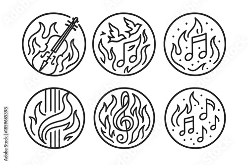 Melodic Inferno Icons. Line style circular vector icons of lyrical inferno: violin with burning waves, note birds in flight,