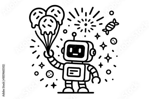 Robo Dessert Party. Line style icons of Robo Dessert Fun: robot with ice cream balloons, glowing sprinkles, tiny floating sweets,