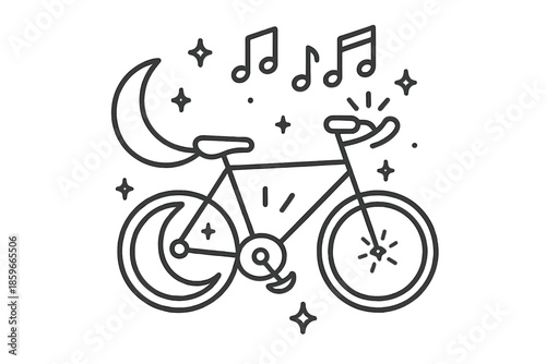 Musical Moon Bicycle. Line style icons of Musical Moon Journey: bicycle with crescent pedals, floating glowing notes, tiny