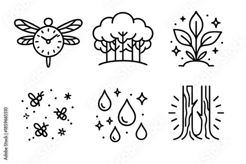 Woodland Clockwork Icons. Line style icons of Woodland Clockwork: dragonfly wings as clock hands, forest canopy, glowing foliage,