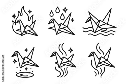 Fire Water Origami. Line style icons of Fire Water Origami: origami cranes morphing between fire and water, glowing sparks,