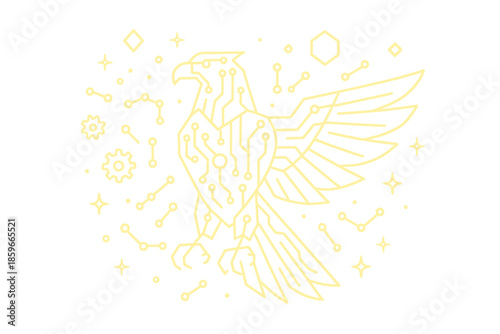 Cybernetic Eagle Icons. Line style icons of Cybernetic Fauna: geometric eagle with glowing circuits, floating polygons, sparkling