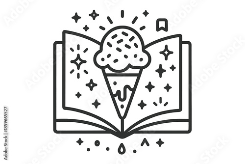 Frozen Knowledge Icons. Line style icons of Frozen Knowledge: ice cream forming open book pages, glowing sprinkles, tiny floating