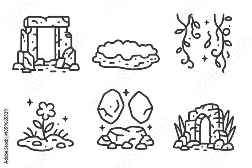 Futuristic Ruins Icons. Line style icons of Futuristic Archaeology: ancient stone ruins with neon messages, glowing moss, floating