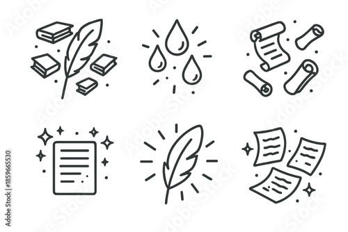 Floating Story Icons. Line style icons of Floating Stories: quill with hovering books, glowing ink droplets, tiny floating scrolls