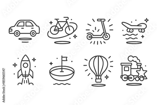 Line Art Mini Vehicles. Line style icons of Mini Vehicles: floating car, orbiting bicycle, glowing scooter, levitating skateboard,