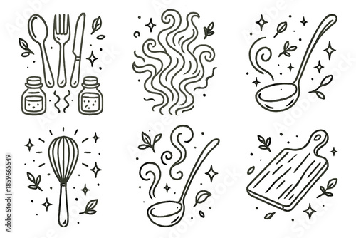 Mystic Chef Tools. Line style icons of Mystic Chef Tools: levitating utensils with spice jars, glowing mystical smoke, tiny