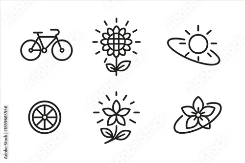 Sunny Path Line Icons. Line style icons of Sunny Path: floating bicycle, glowing sunflower, orbiting leaf, levitating sun, round