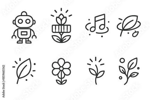Botanical Melody Icons. Line style icons of Botanical Melody: robot, glowing flower piano, floating note, orbiting petal,