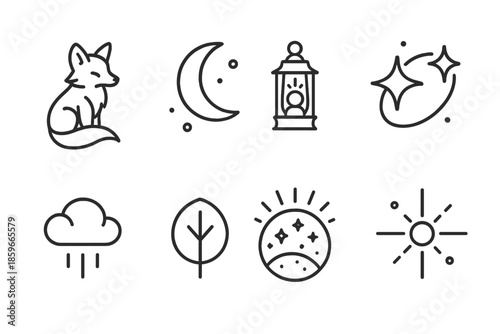 Lunar Fox Icons. Line style icons of Lunar Fox: fox, floating crescent moon, glowing lantern, orbiting star, levitating cloud,