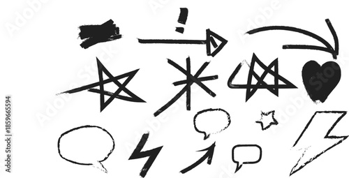 Hand drawn chalk style graphic elements featuring arrows, stars, speech bubbles, and lightning
