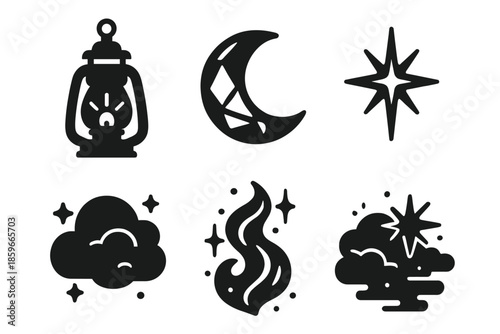 Fantasy Night Icons. Solid style icons of fantasy night scenes in : lantern, prism moon, glowing star, radiant spark, ethereal
