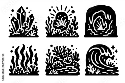 Fantasy Aquatic Icons. Solid style icons of fantasy aquatic landscapes in : prism coral, glowing reef, radiant cave, ethereal kelp