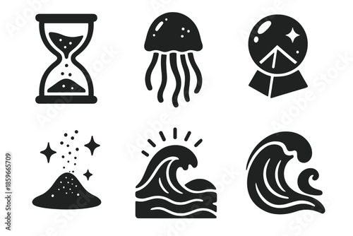 Surreal Aquatic Time. Solid style icons of surreal aquatic time in : hourglass, jellyfish, prism bubble, glowing sand, radiant