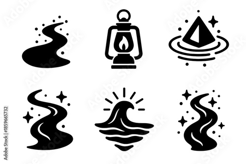 Mystical Waterway Icons. Solid style icons of mystical waterways in : river, lantern, prism ripple, glowing stream, radiant wave,